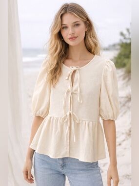 Cream Tie-Front Peplum Blouse | Cottagecore Boho Chic